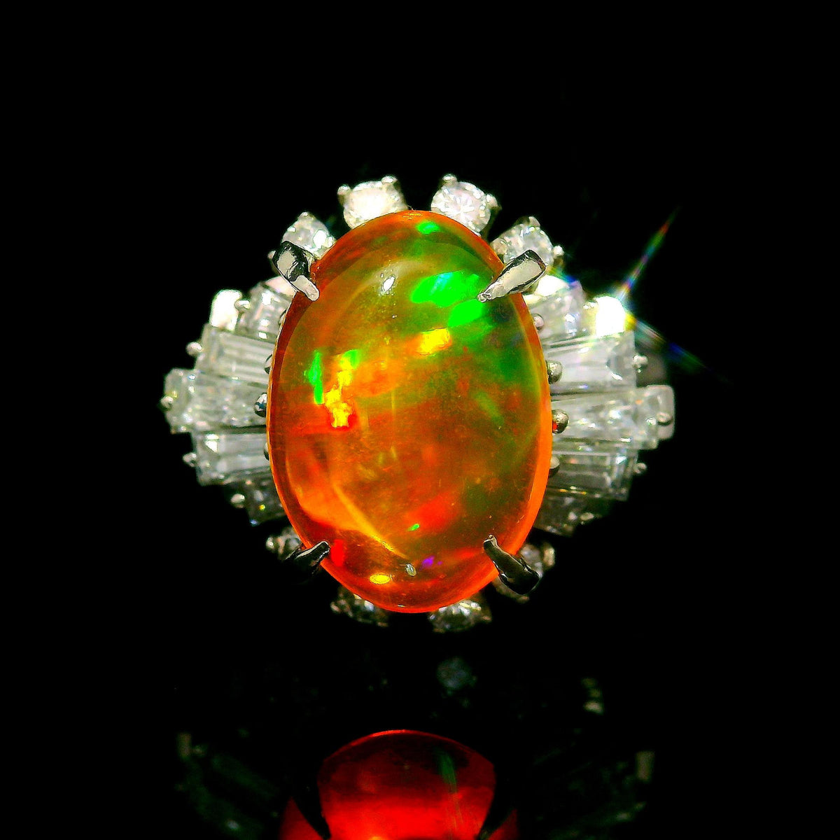 Vintage Mexican Fire Opal Diamond Platinum Ring