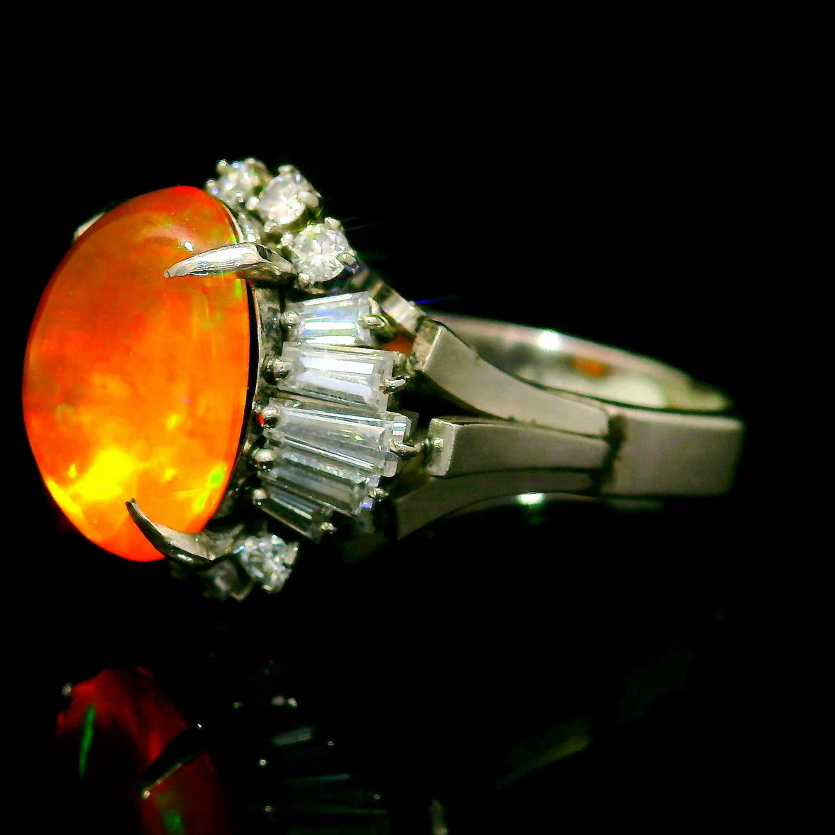 Vintage Mexican Fire Opal Diamond Platinum Ring