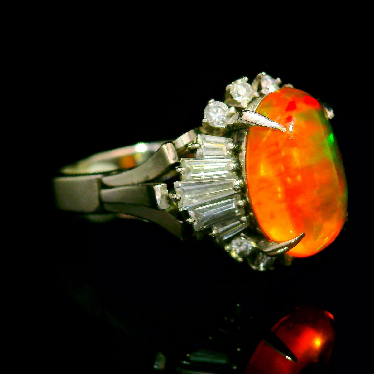 Vintage Mexican Fire Opal Diamond Platinum Ring