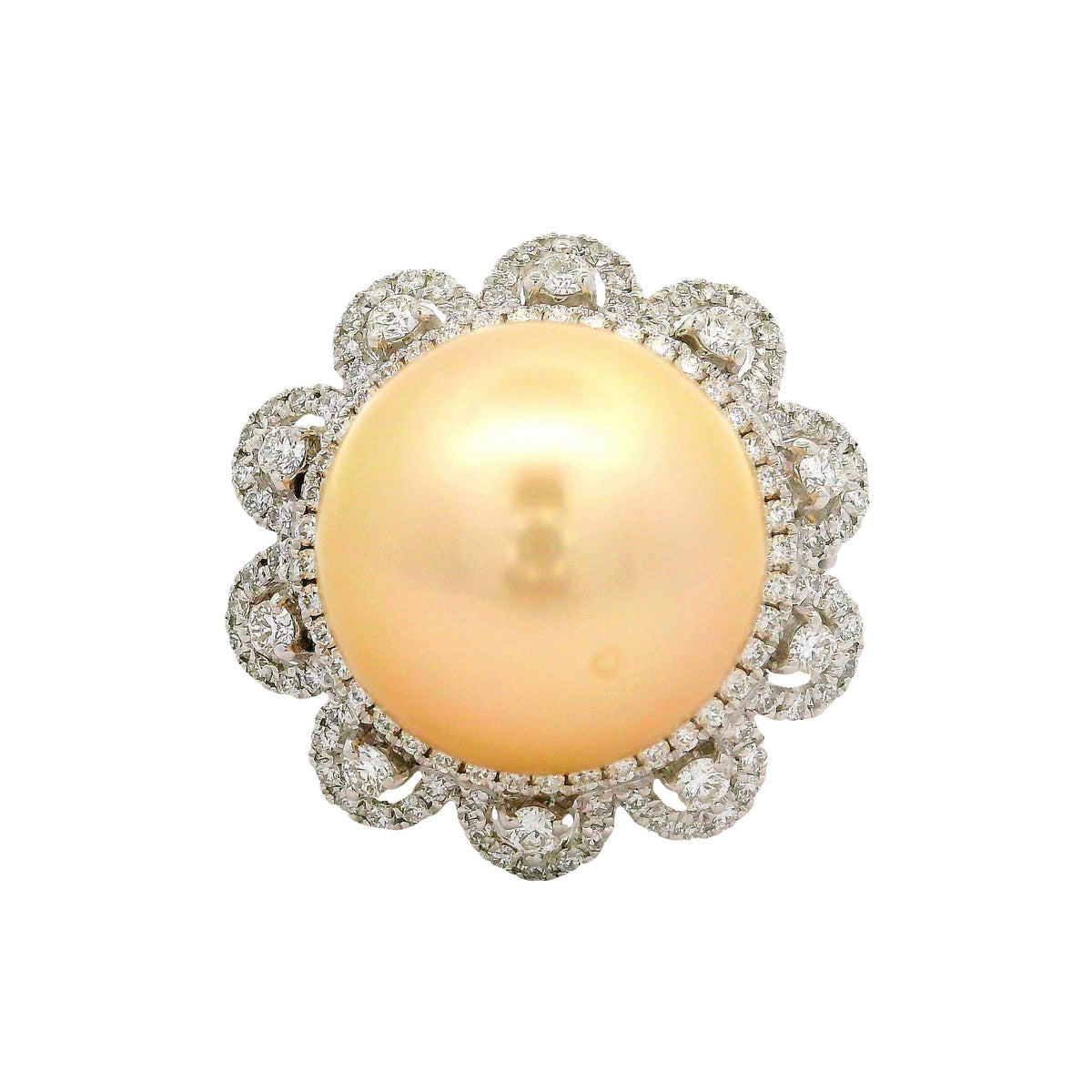 14.5MM South Sea Golden Pearl Diamond 18K White Gold Flower-Halo Ring