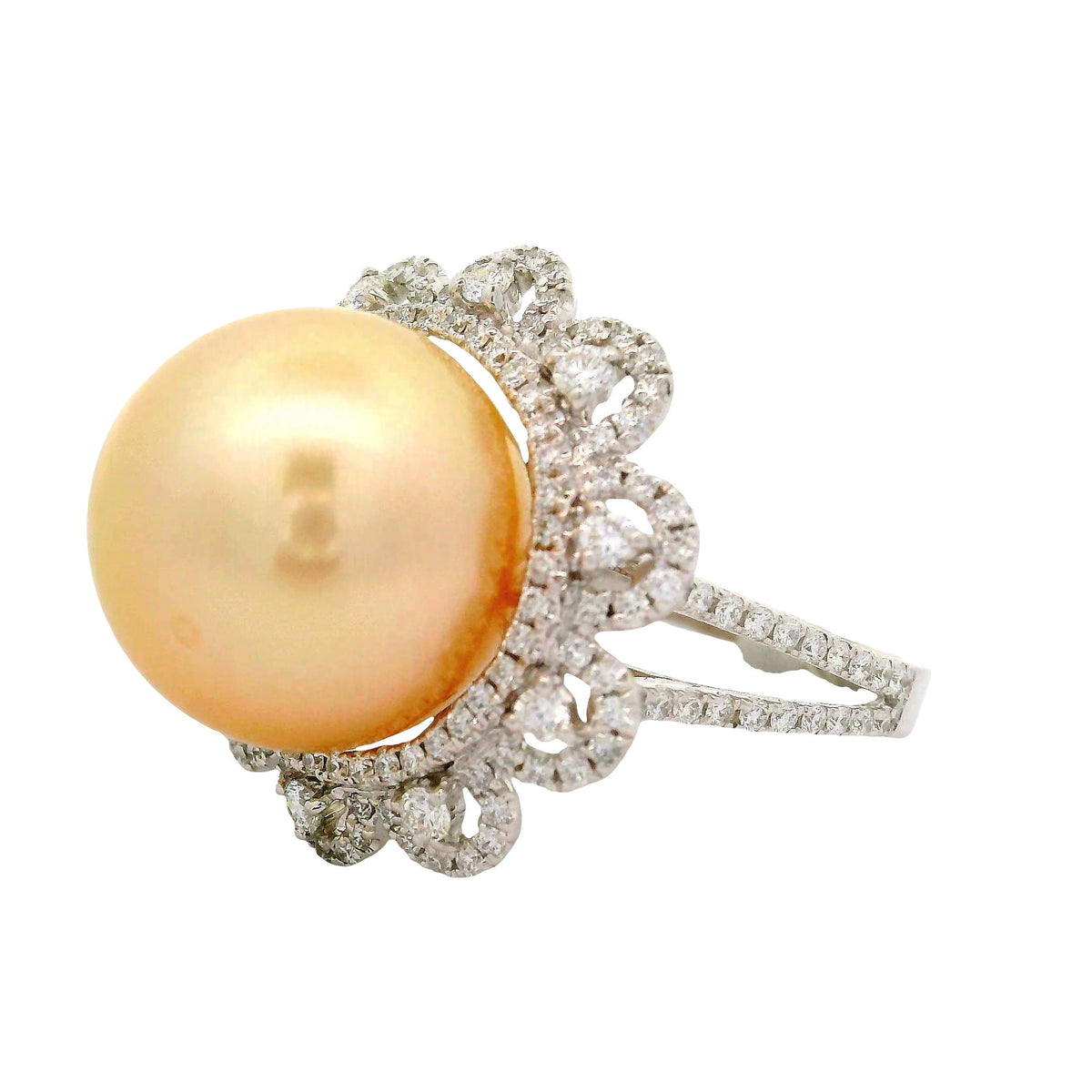 14.5MM South Sea Golden Pearl Diamond 18K White Gold Flower-Halo Ring