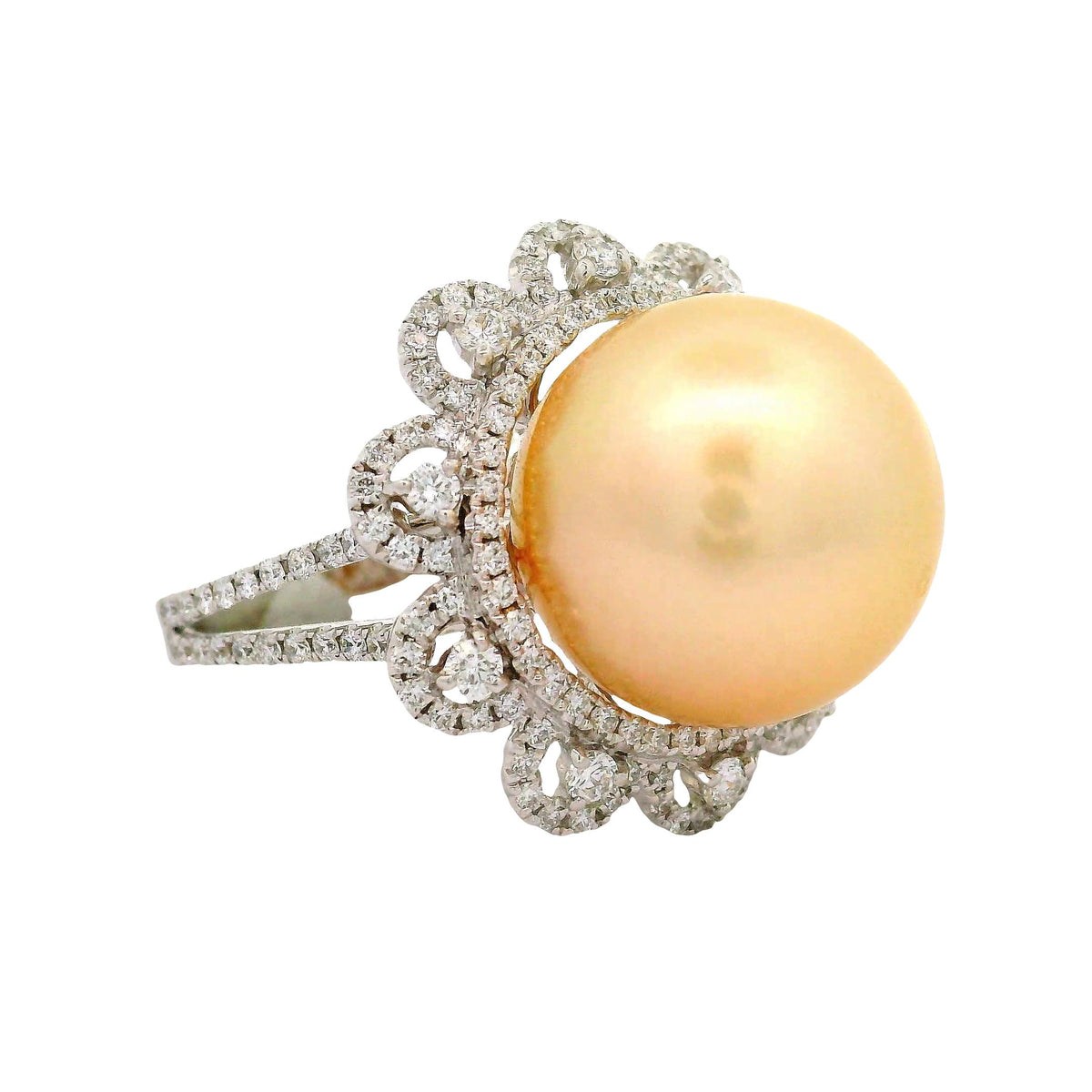14.5MM South Sea Golden Pearl Diamond 18K White Gold Flower-Halo Ring