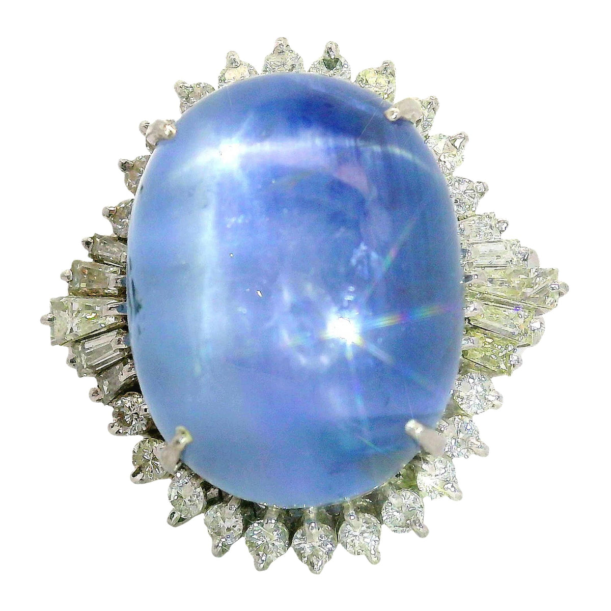 27.98 Carat Blue Star Sapphire Diamond Platinum Star-Burst Cocktail Ring
