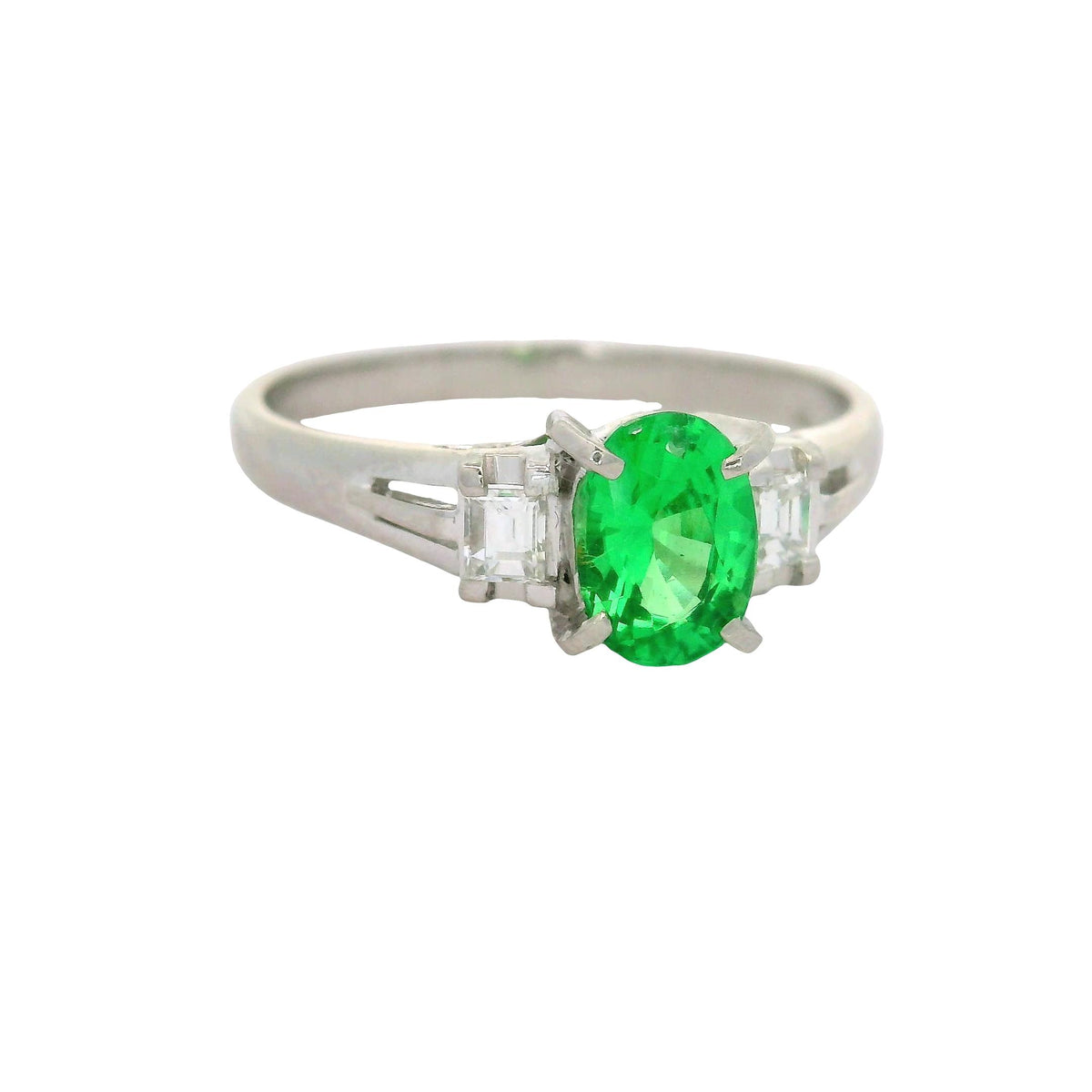 Tsavorite Garnet Diamond Platinum Three-Stone Ring