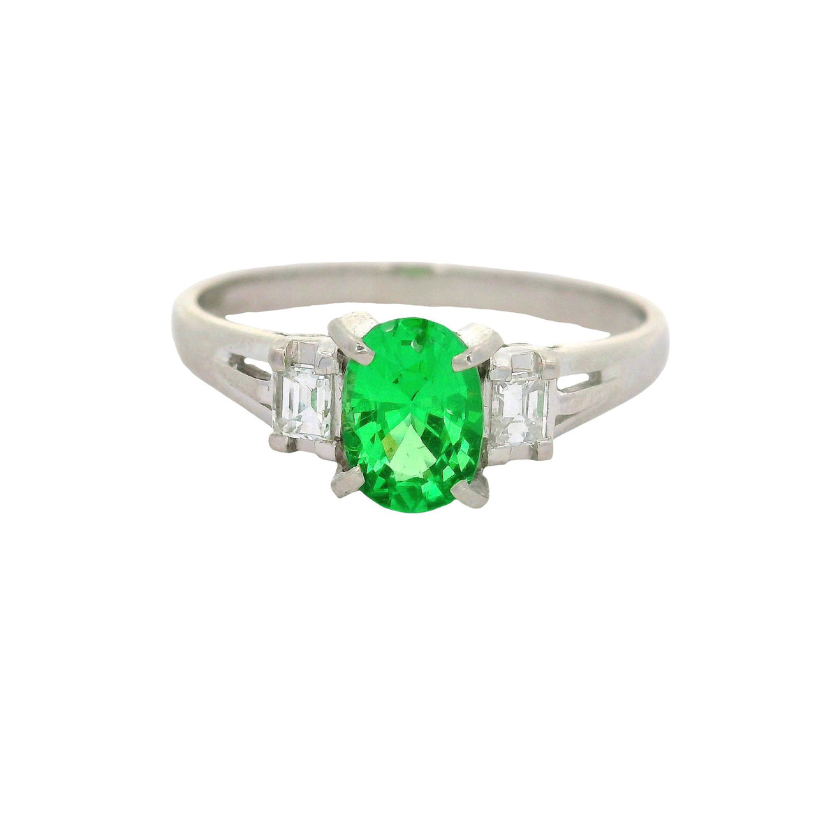Tsavorite Garnet Diamond Platinum Three-Stone Ring