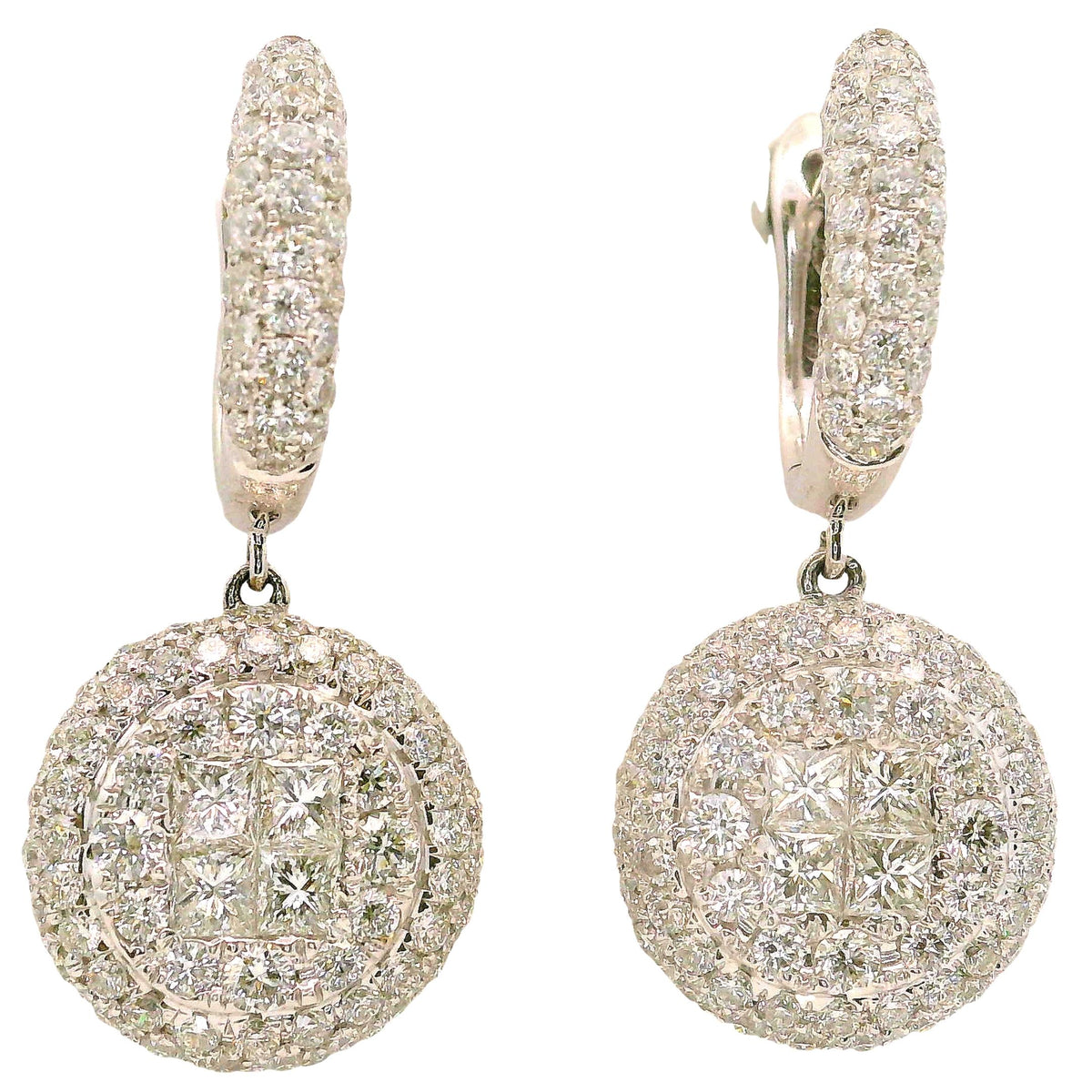 Diamond 18K White Gold Cluster Halo Huggie Drop Dangle Earrings