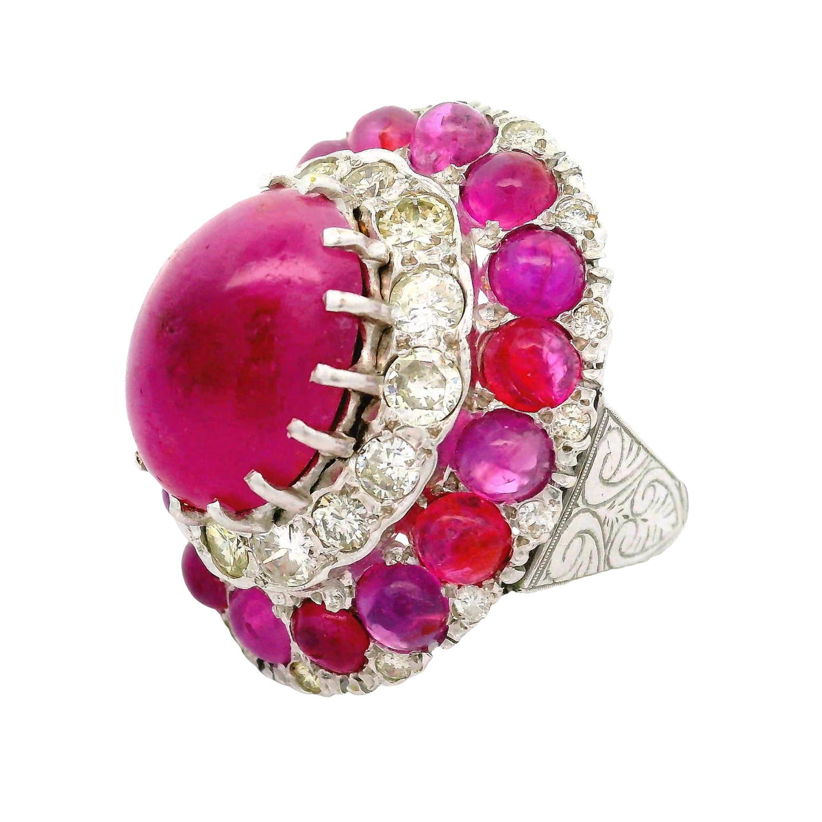 Antique-Style Ruby Diamond 18K White Gold Double Halo Cocktail Ring