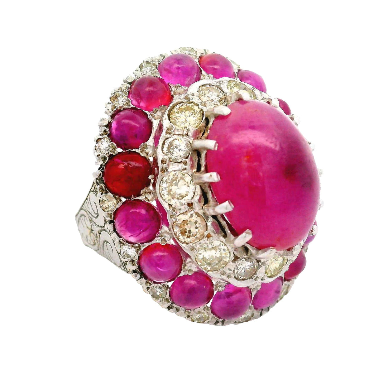 Antique-Style Ruby Diamond 18K White Gold Double Halo Cocktail Ring