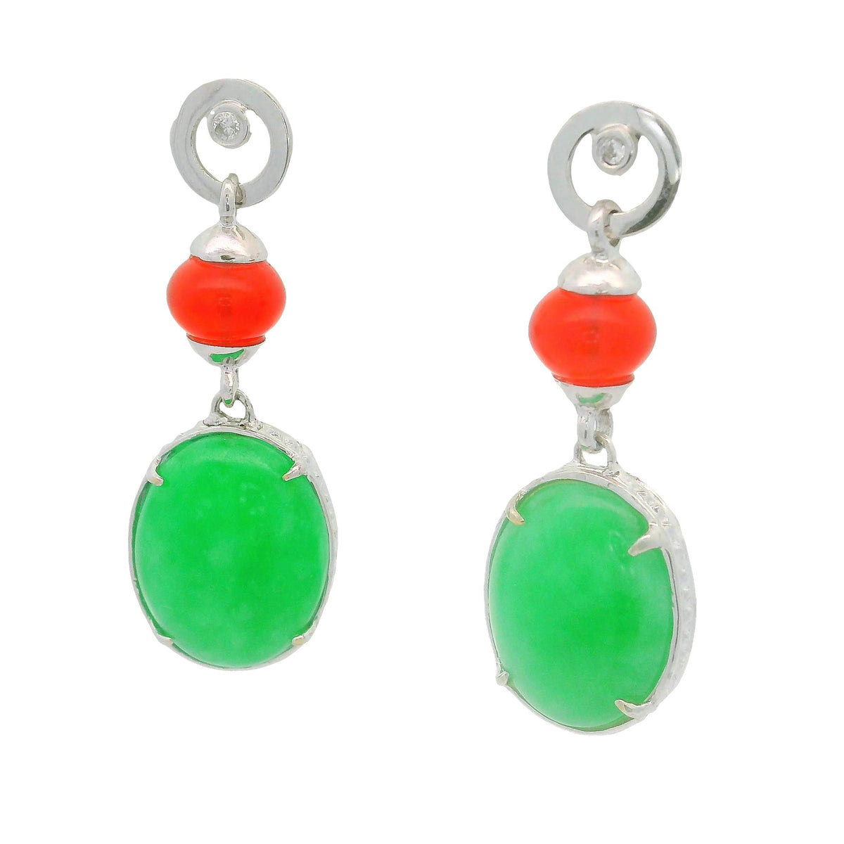 Green Purple & Orange Jadeite Jade Diamond 18K White Gold Drop Earrings