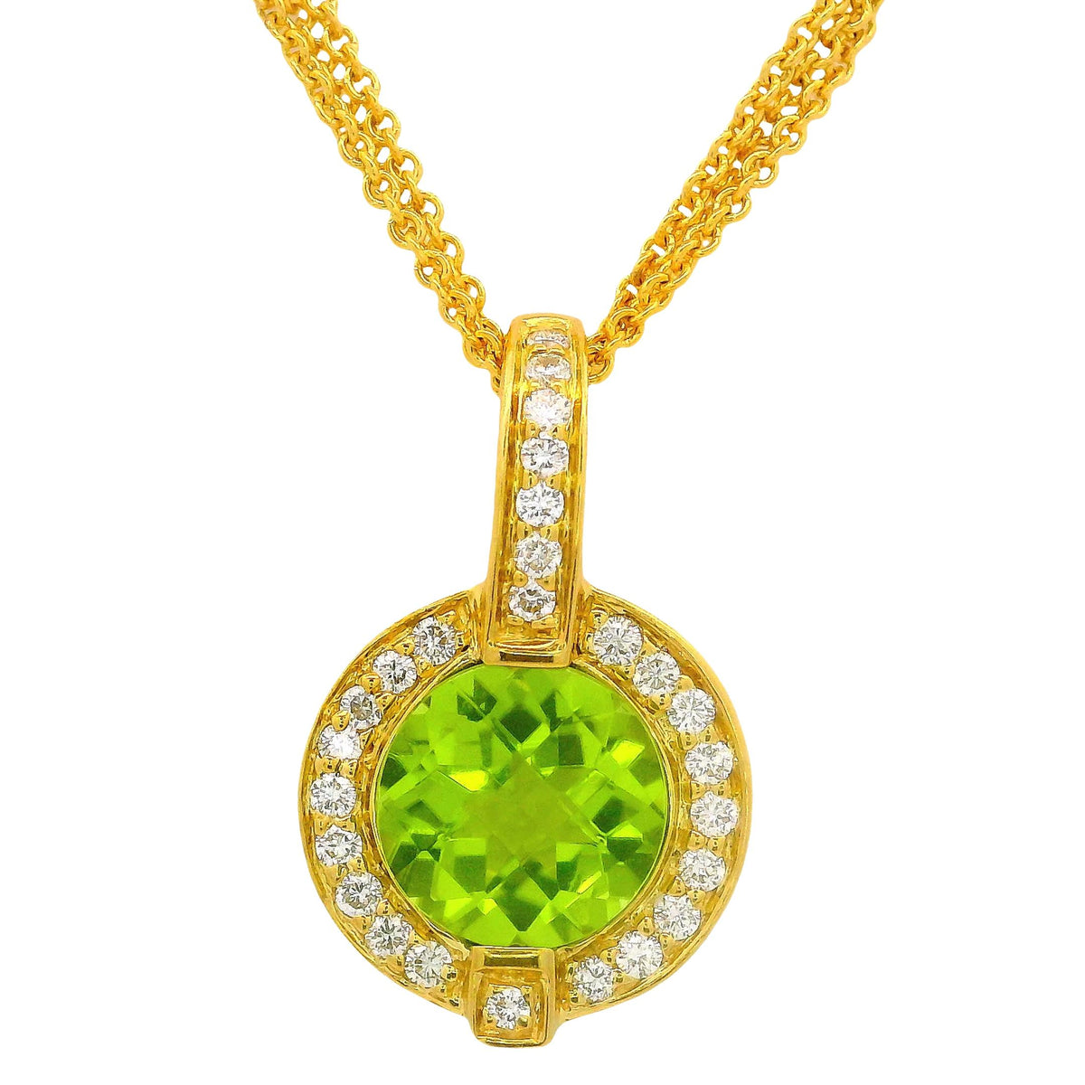 2.01 Carat Peridot Diamond 18K Yellow Gold Halo Three-Strand Pendant Necklace