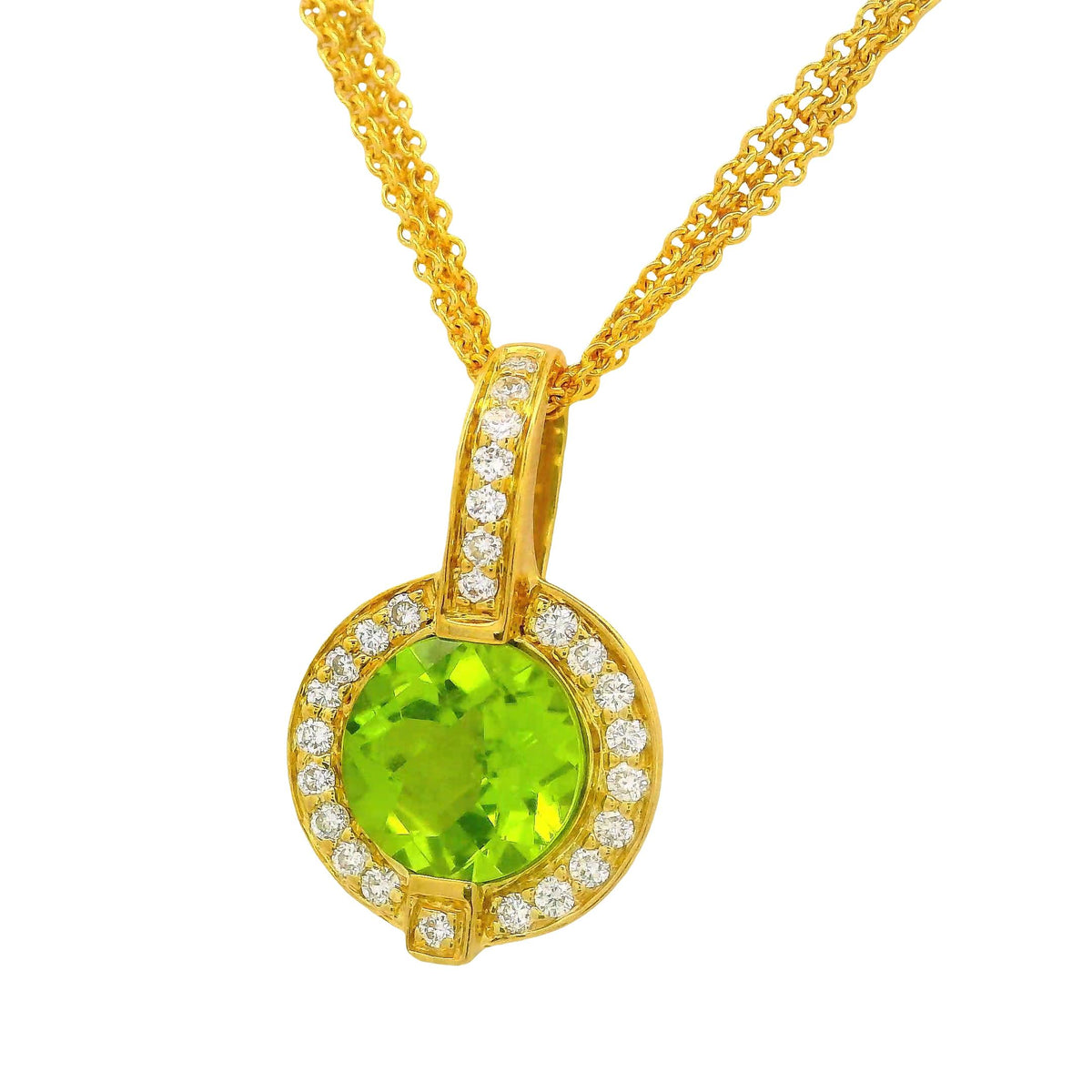 2.01 Carat Peridot Diamond 18K Yellow Gold Halo Three-Strand Pendant Necklace