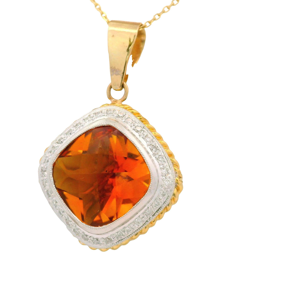 14.22 Carat Citrine Diamond 18K Two-Tone Gold Halo Pendant Necklace