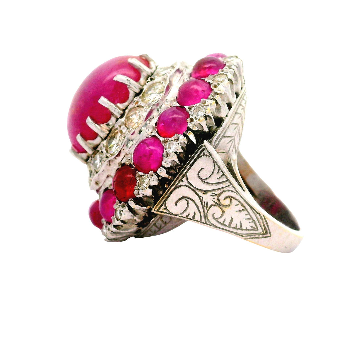 Antique-Style Ruby Diamond 18K White Gold Double Halo Cocktail Ring
