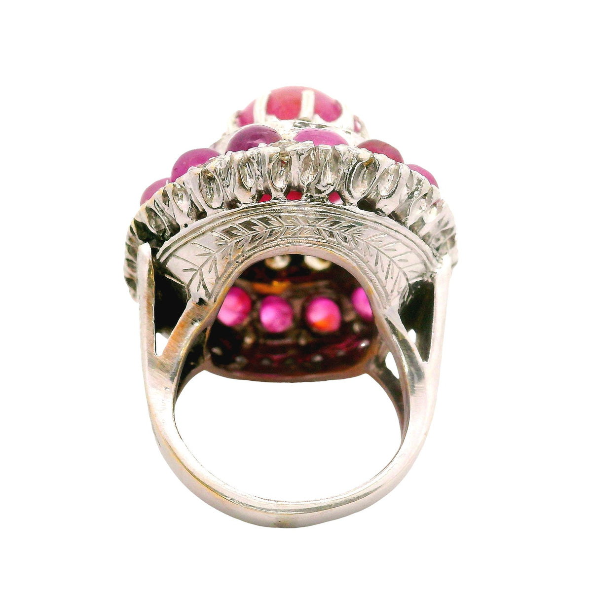 Antique-Style Ruby Diamond 18K White Gold Double Halo Cocktail Ring