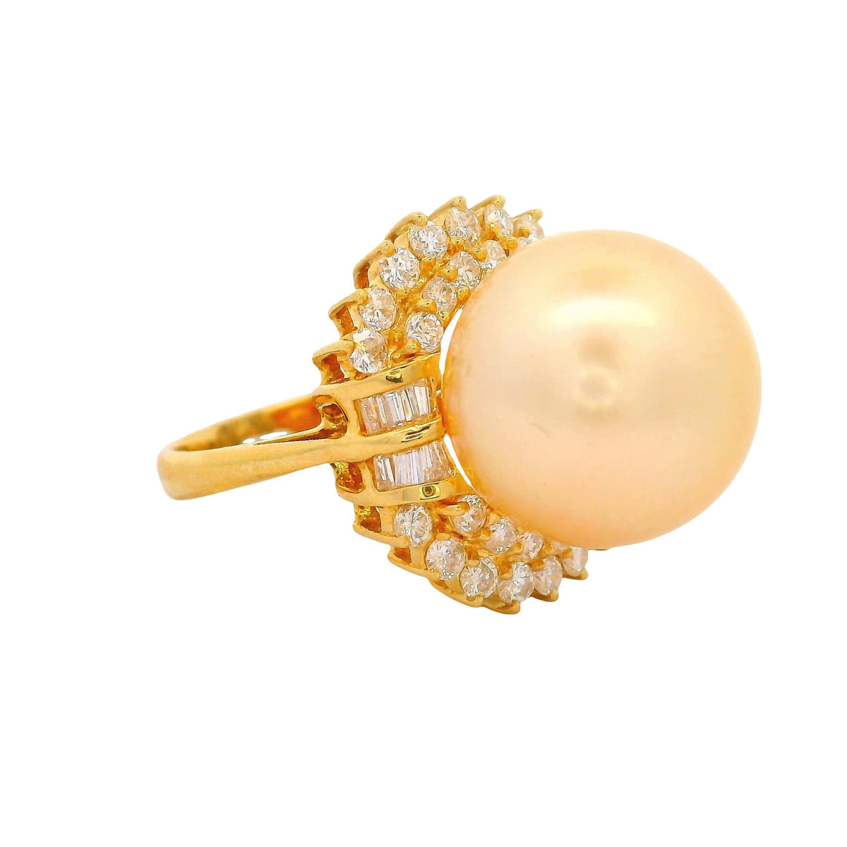 14MM Golden South Sea Pearl Diamond 18K Yellow Gold Ring