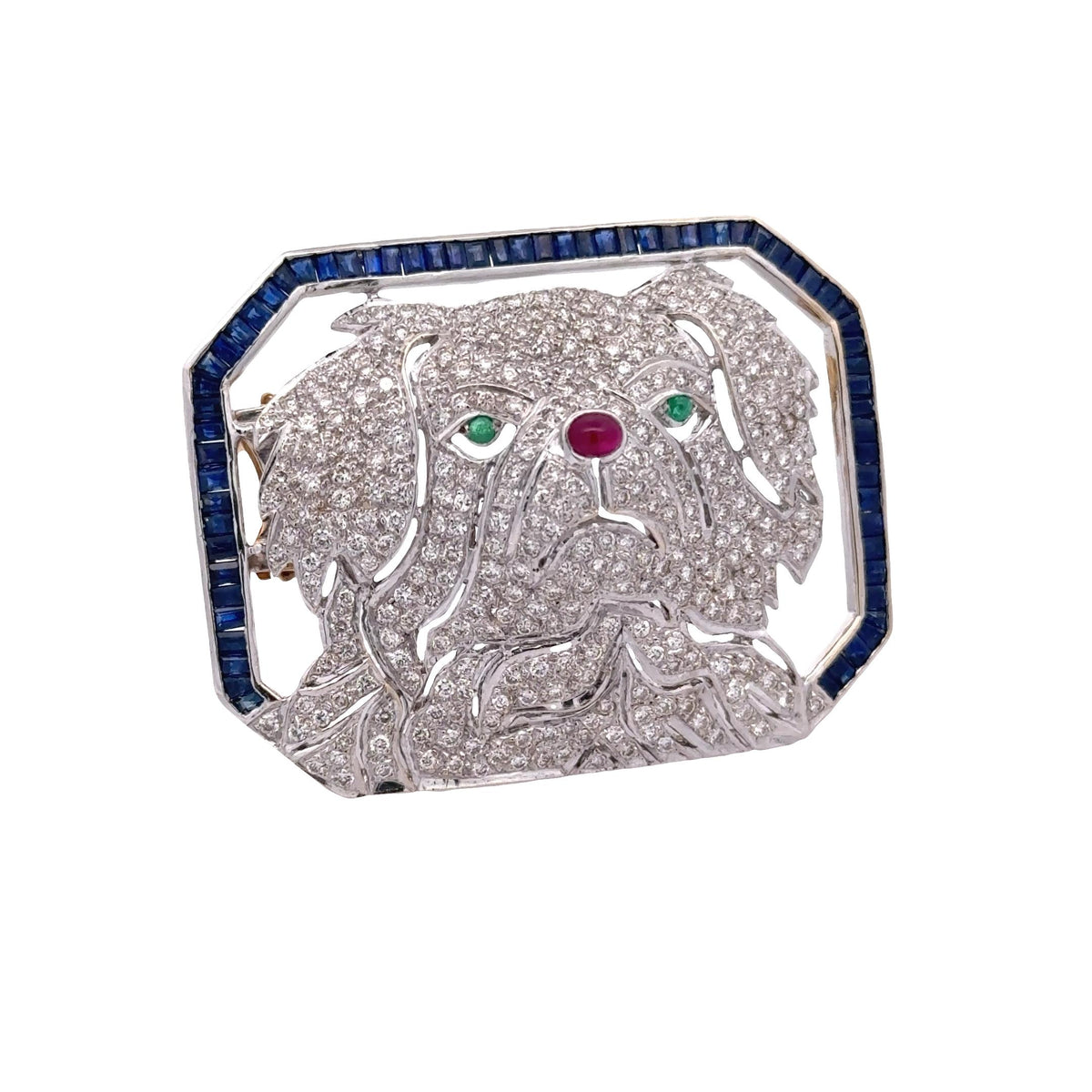 Vintage Diamond Sapphire Emerald Ruby 18K Gold Dog Brooch