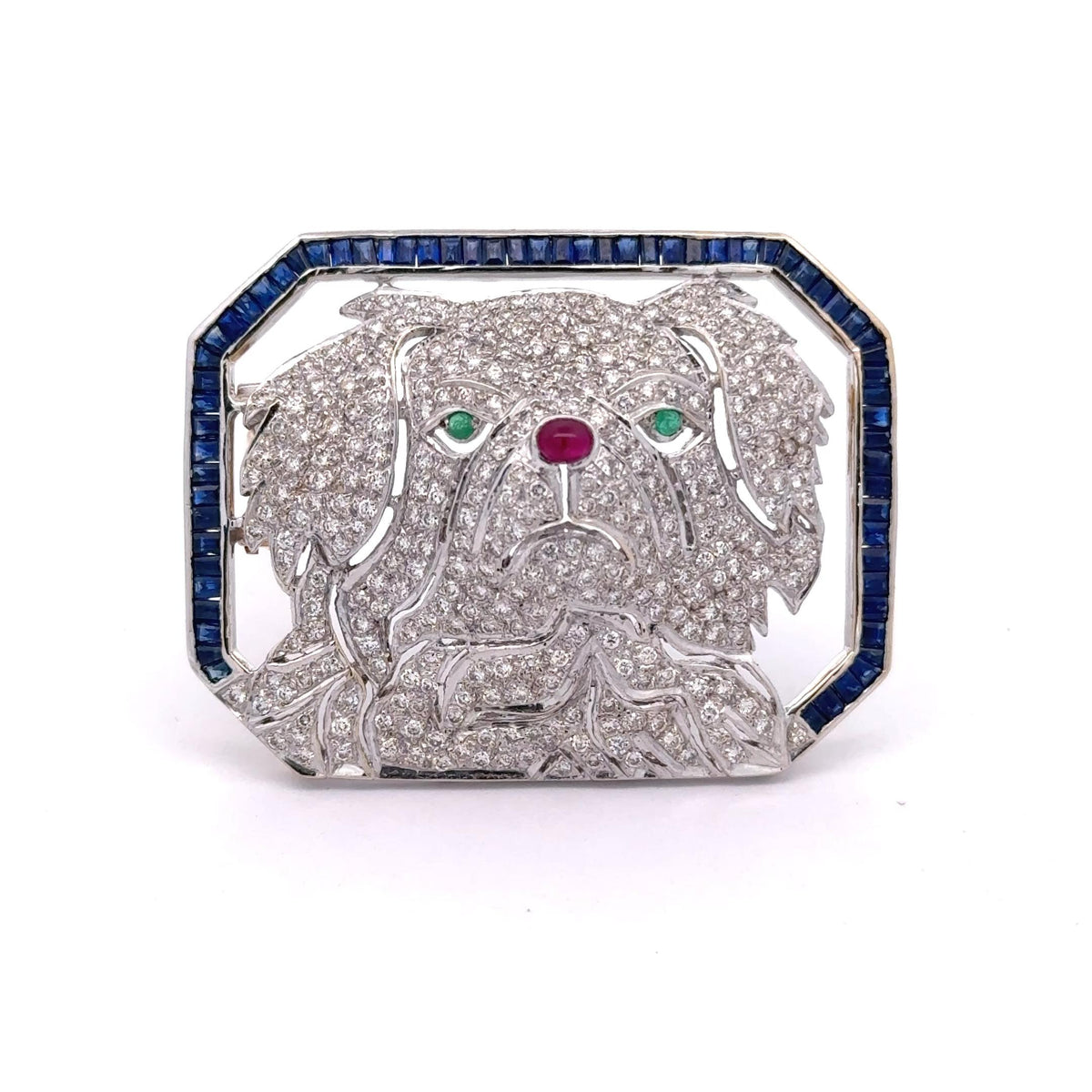 Vintage Diamond Sapphire Emerald Ruby 18K Gold Dog Brooch