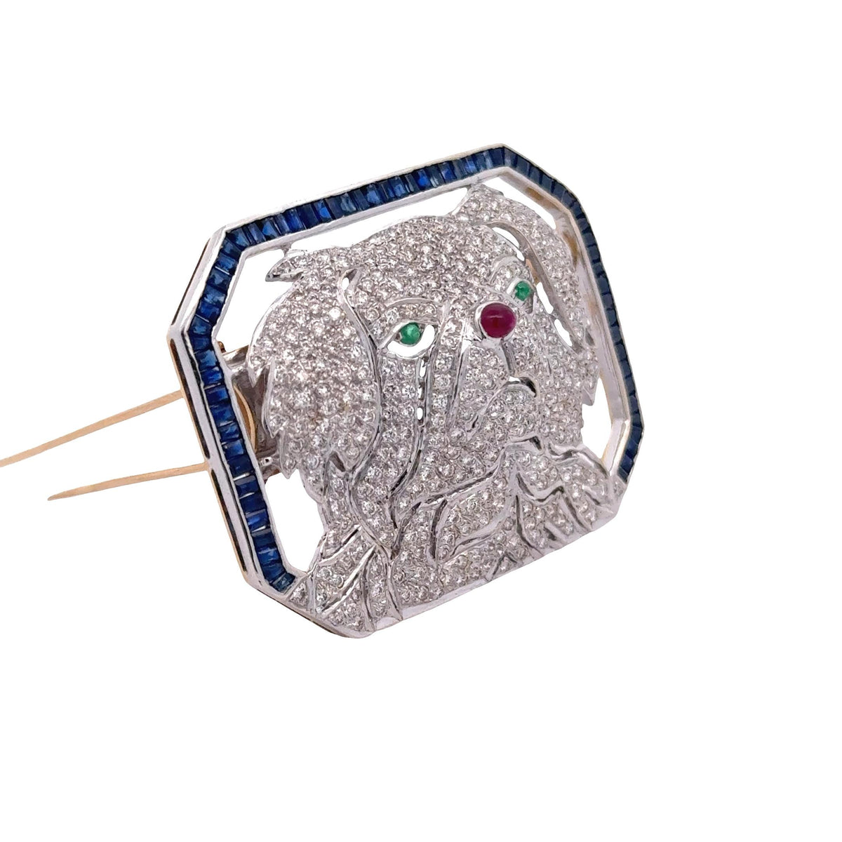 Vintage Diamond Sapphire Emerald Ruby 18K Gold Dog Brooch