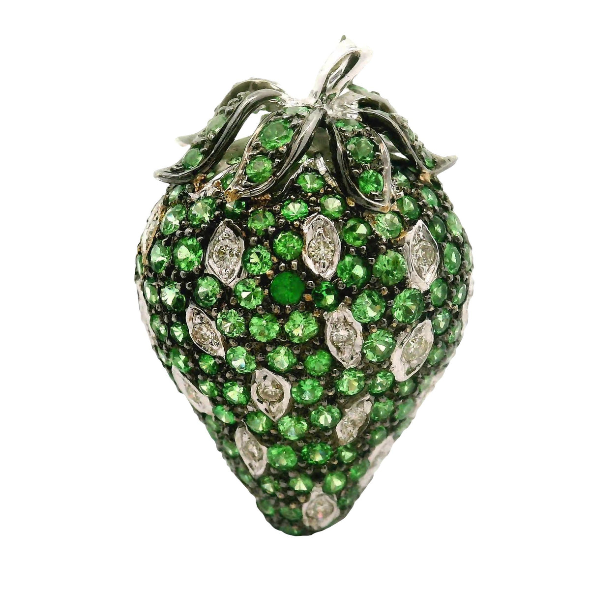 Tsavorite Diamond 18K White Gold Strawberry Brooch Pendant