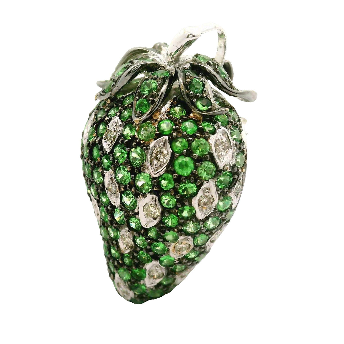 Tsavorite Diamond 18K White Gold Strawberry Brooch Pendant
