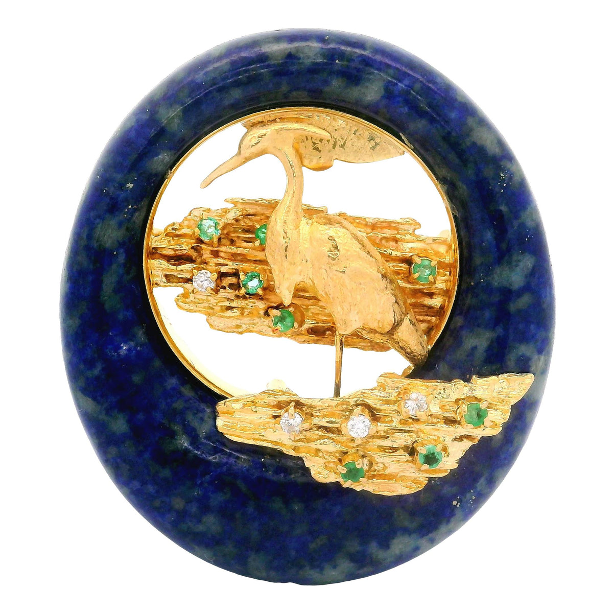 Emerald Diamond Lapis Lazuli 18K Yellow Gold Heron Bird in Lagoon Brooch Pendant