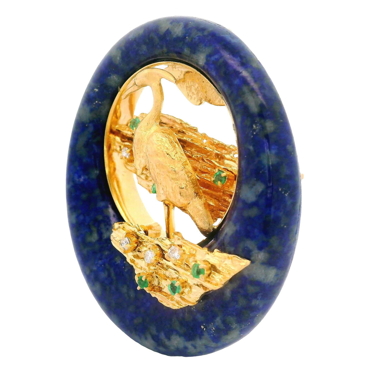 Emerald Diamond Lapis Lazuli 18K Yellow Gold Heron Bird in Lagoon Brooch Pendant