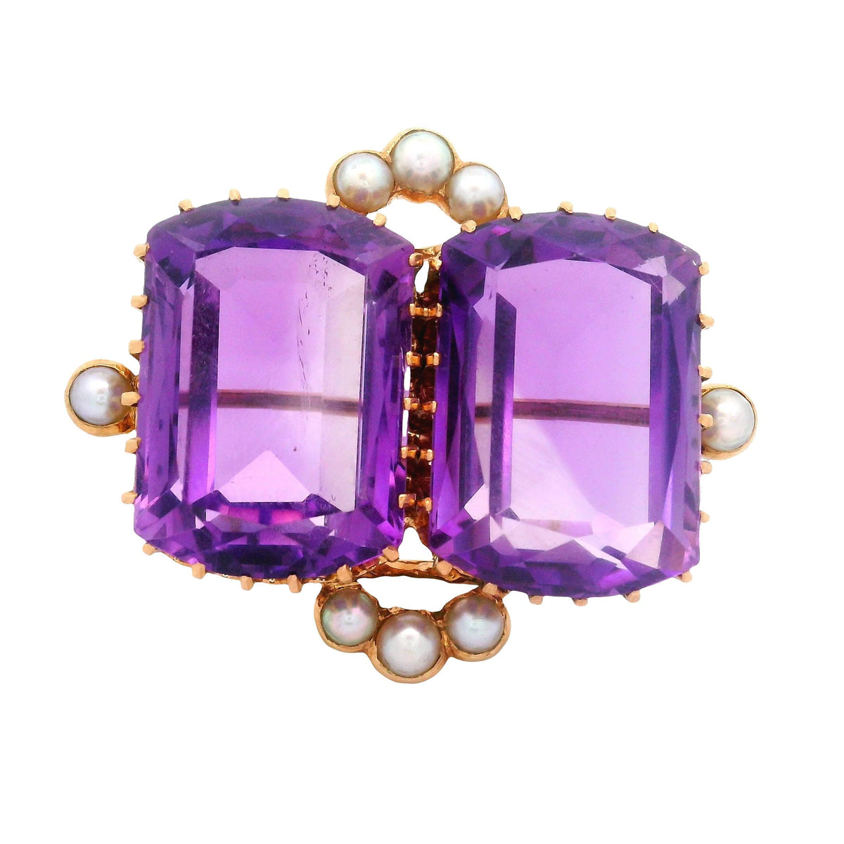 Victorian Twin Amethyst Pearl 14K Gold Brooch