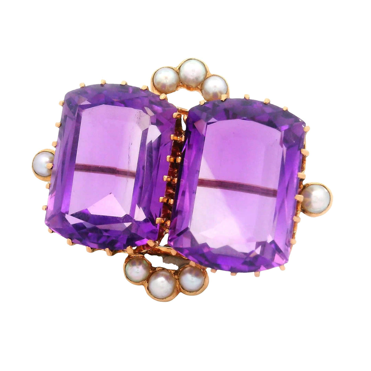Victorian Twin Amethyst Pearl 14K Gold Brooch