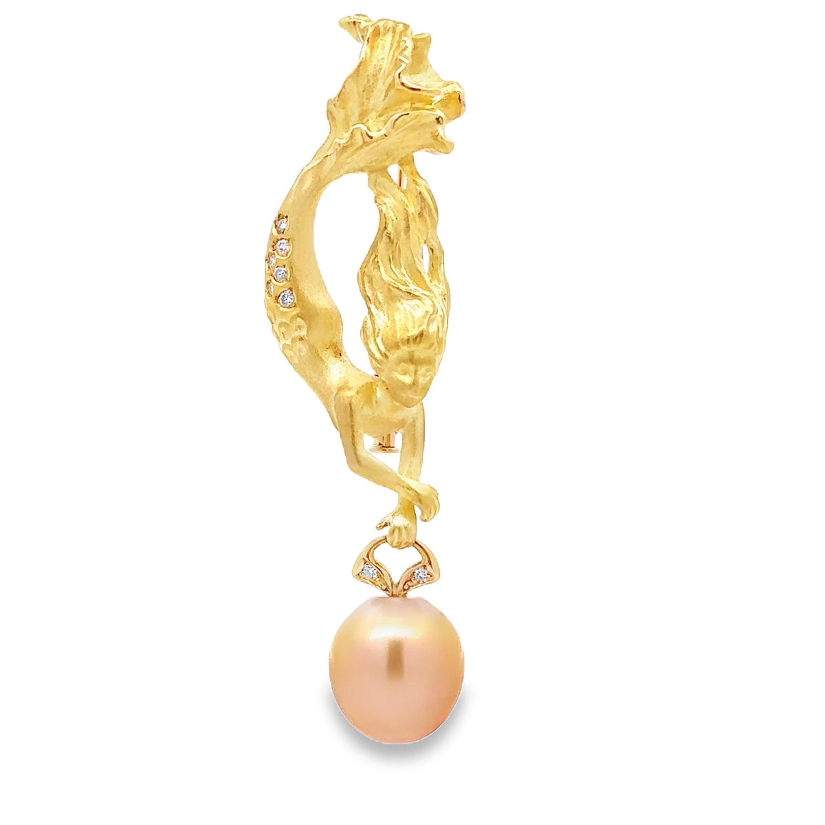 13mm Golden South Sea Pearl Diamond 18K Yellow Gold Mermaid Brooch