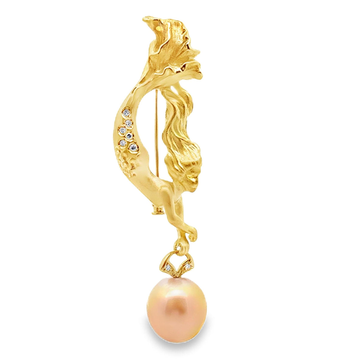 13mm Golden South Sea Pearl Diamond 18K Yellow Gold Mermaid Brooch