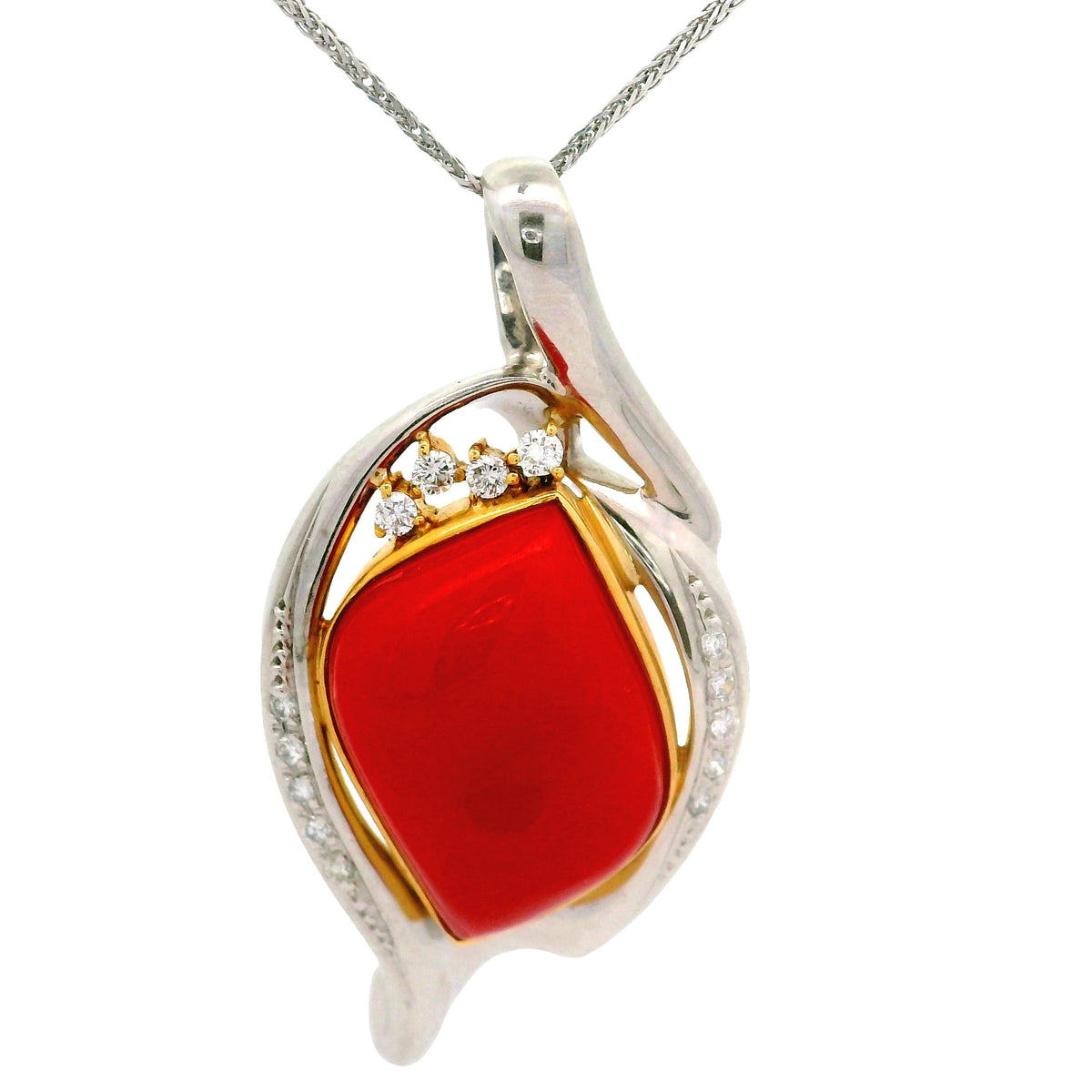 10.12 Carat Ox-Blood Red Coral Diamond Platinum 18K Yellow Gold Pendant Necklace
