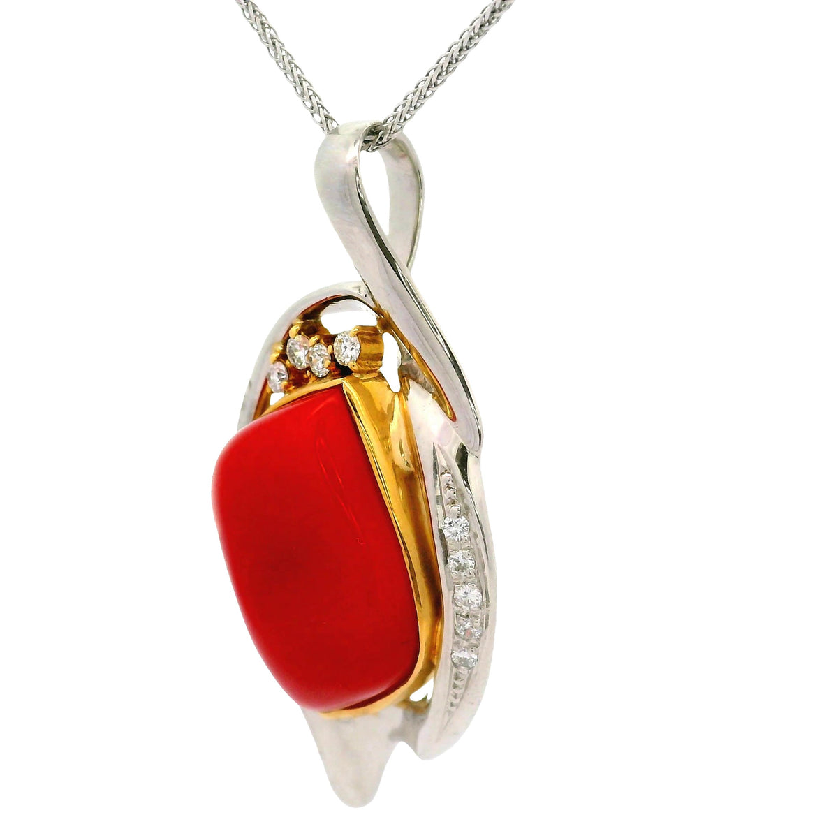 10.12 Carat Ox-Blood Red Coral Diamond Platinum 18K Yellow Gold Pendant Necklace
