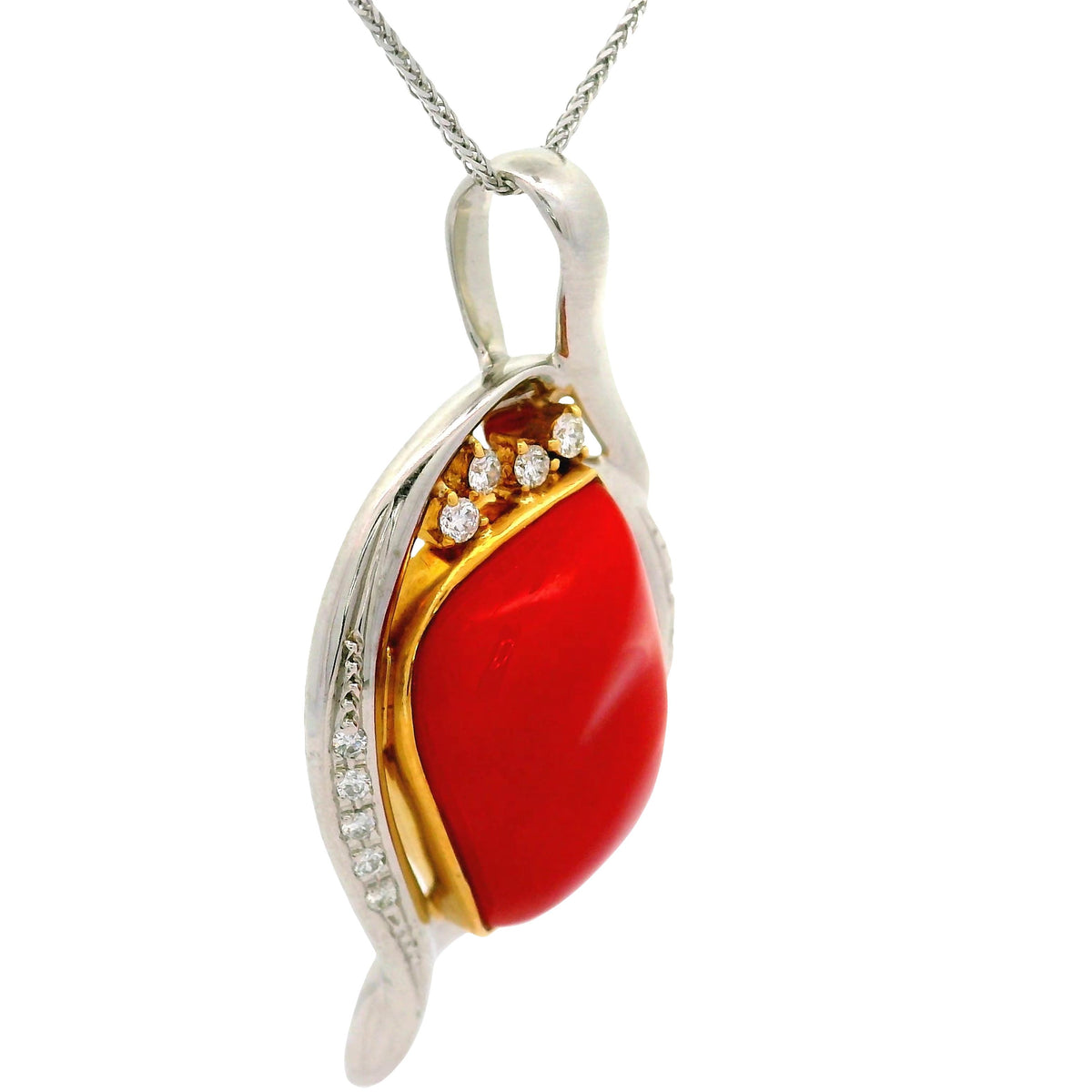 10.12 Carat Ox-Blood Red Coral Diamond Platinum 18K Yellow Gold Pendant Necklace