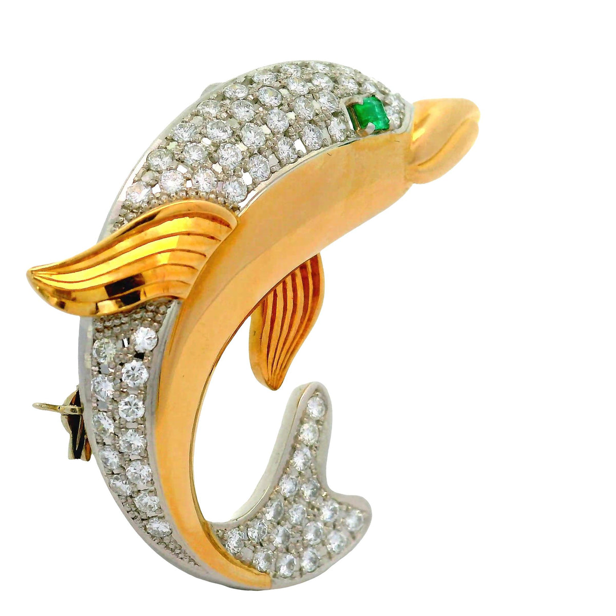 Diamond Emerald Platinum 18K Yellow Gold Dolphin Brooch