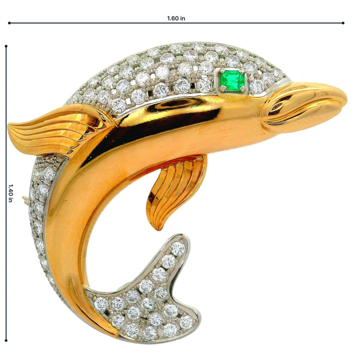Diamond Emerald Platinum 18K Yellow Gold Dolphin Brooch