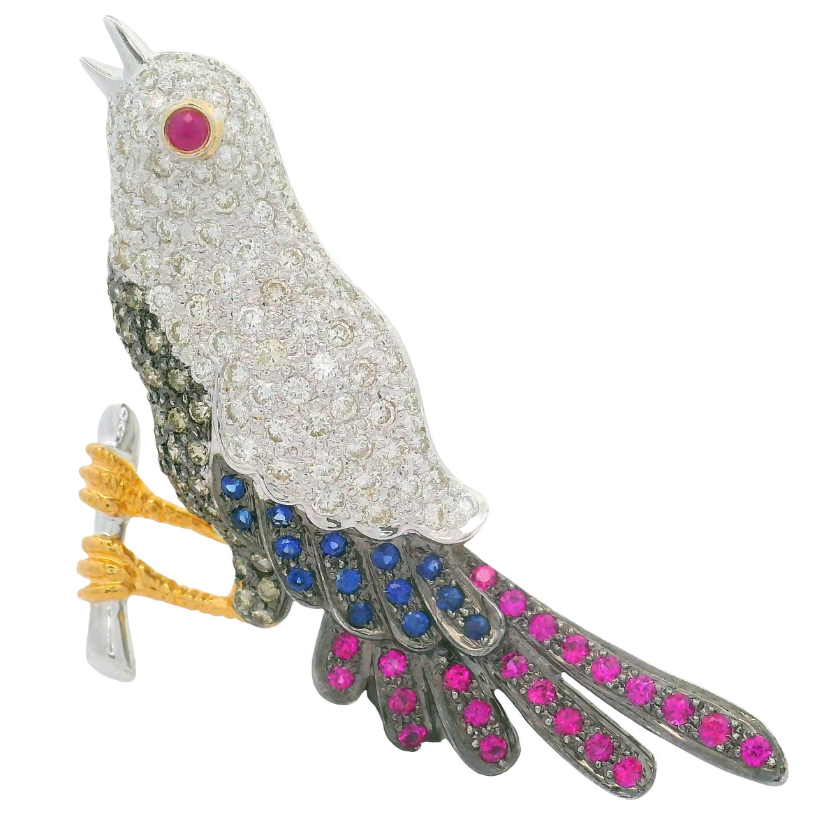 Vintage Diamond Ruby Sapphire 18K Gold Song-Bird Brooch
