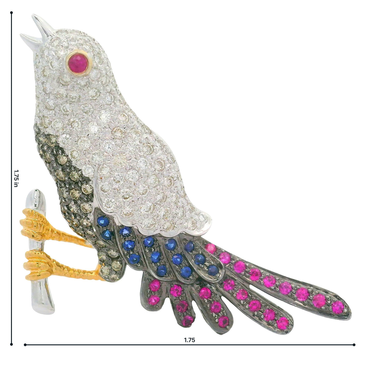 Vintage Diamond Ruby Sapphire 18K Gold Song-Bird Brooch