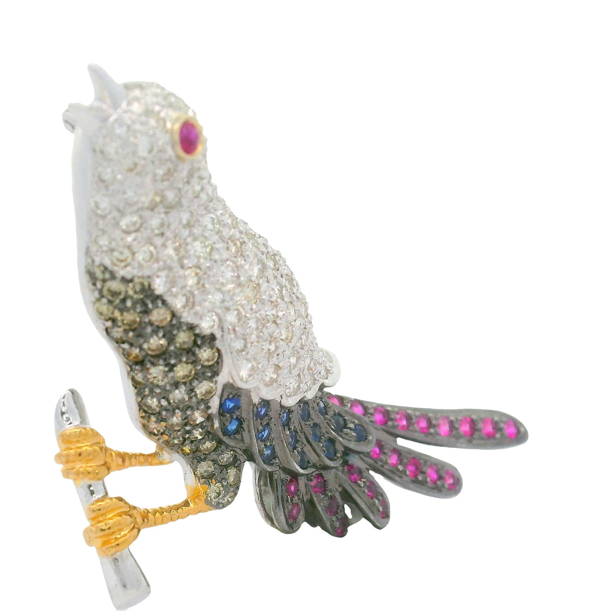 Vintage Diamond Ruby Sapphire 18K Gold Song-Bird Brooch