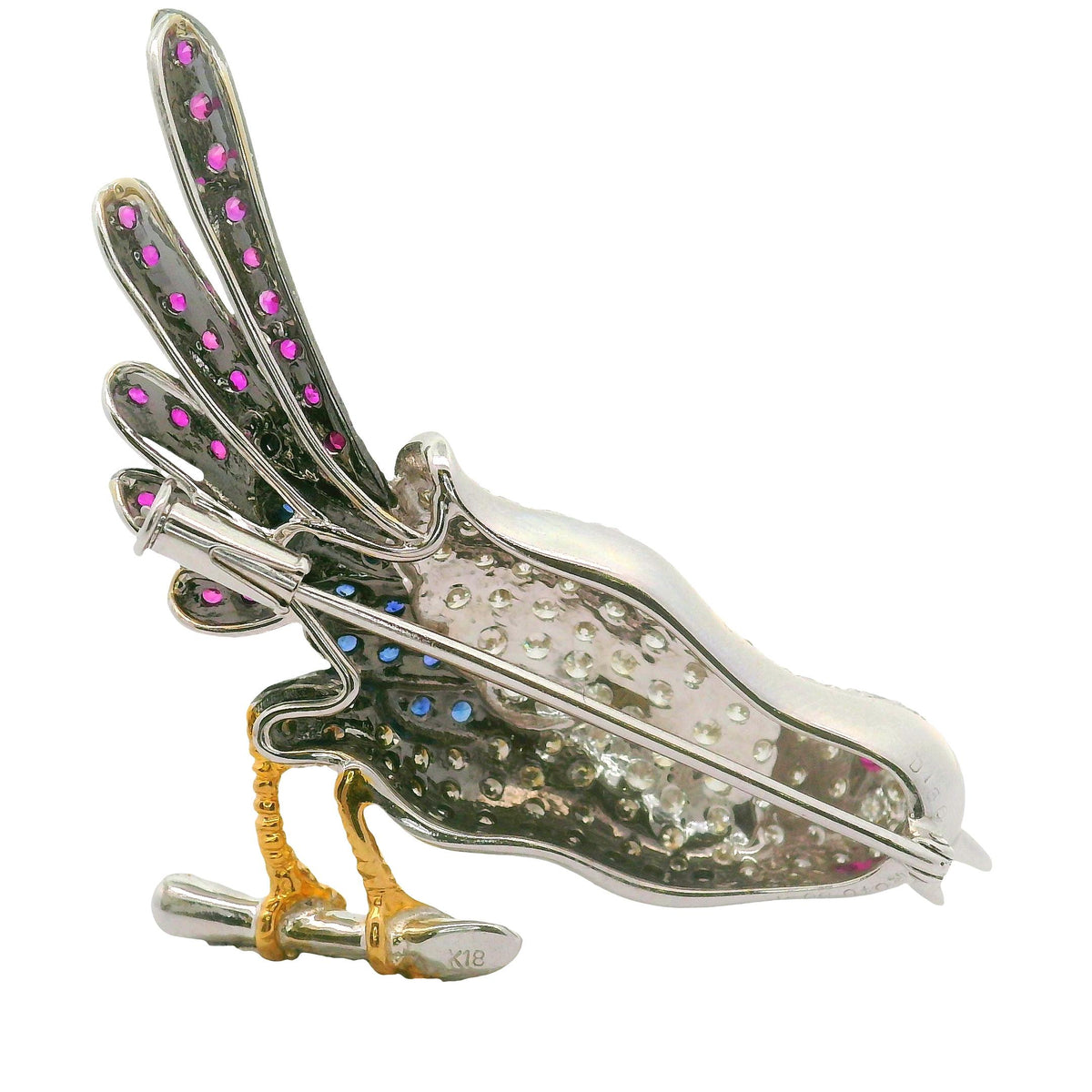 Vintage Diamond Ruby Sapphire 18K Gold Song-Bird Brooch