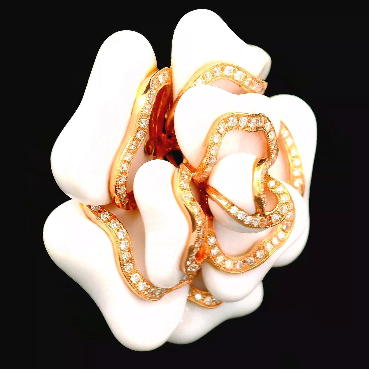 White Onyx Diamond 18K Rose Gold Floral Brooch