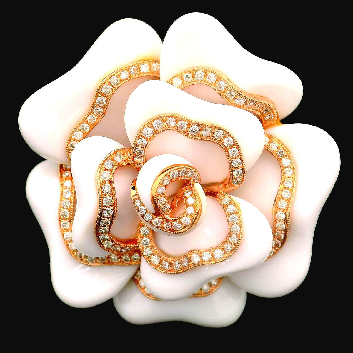 White Onyx Diamond 18K Rose Gold Floral Brooch