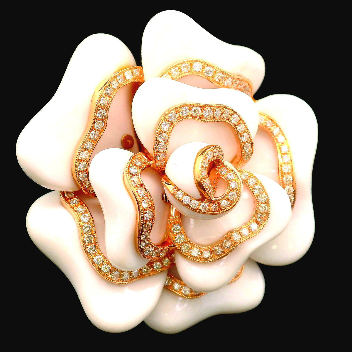 White Onyx Diamond 18K Rose Gold Floral Brooch