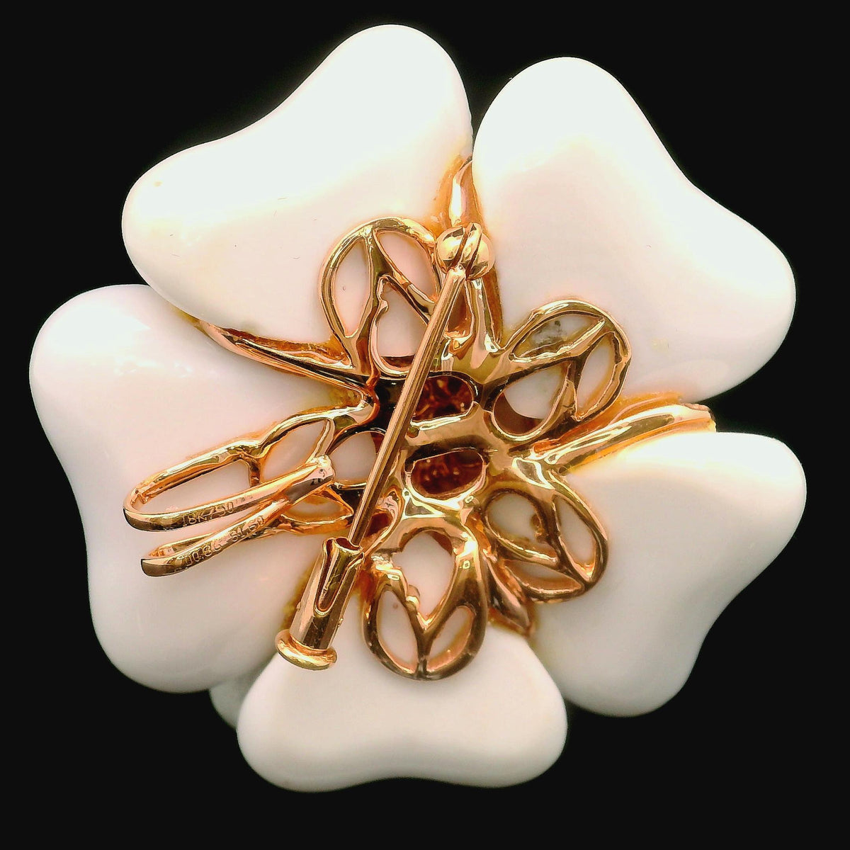 White Onyx Diamond 18K Rose Gold Floral Brooch