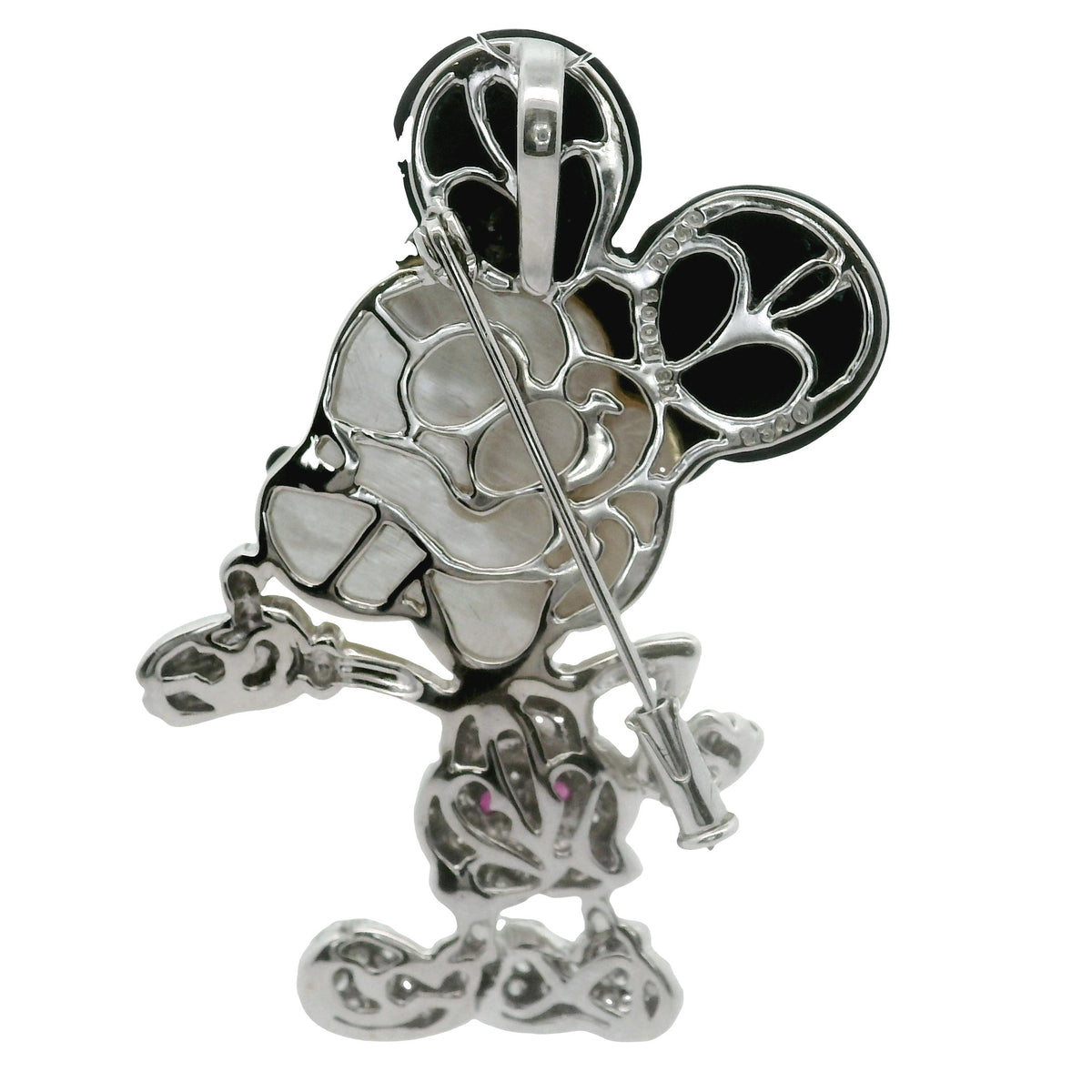Diamond Black Onyx Mother of Pearls Pink Sapphire 18K White Gold Mouse Brooch