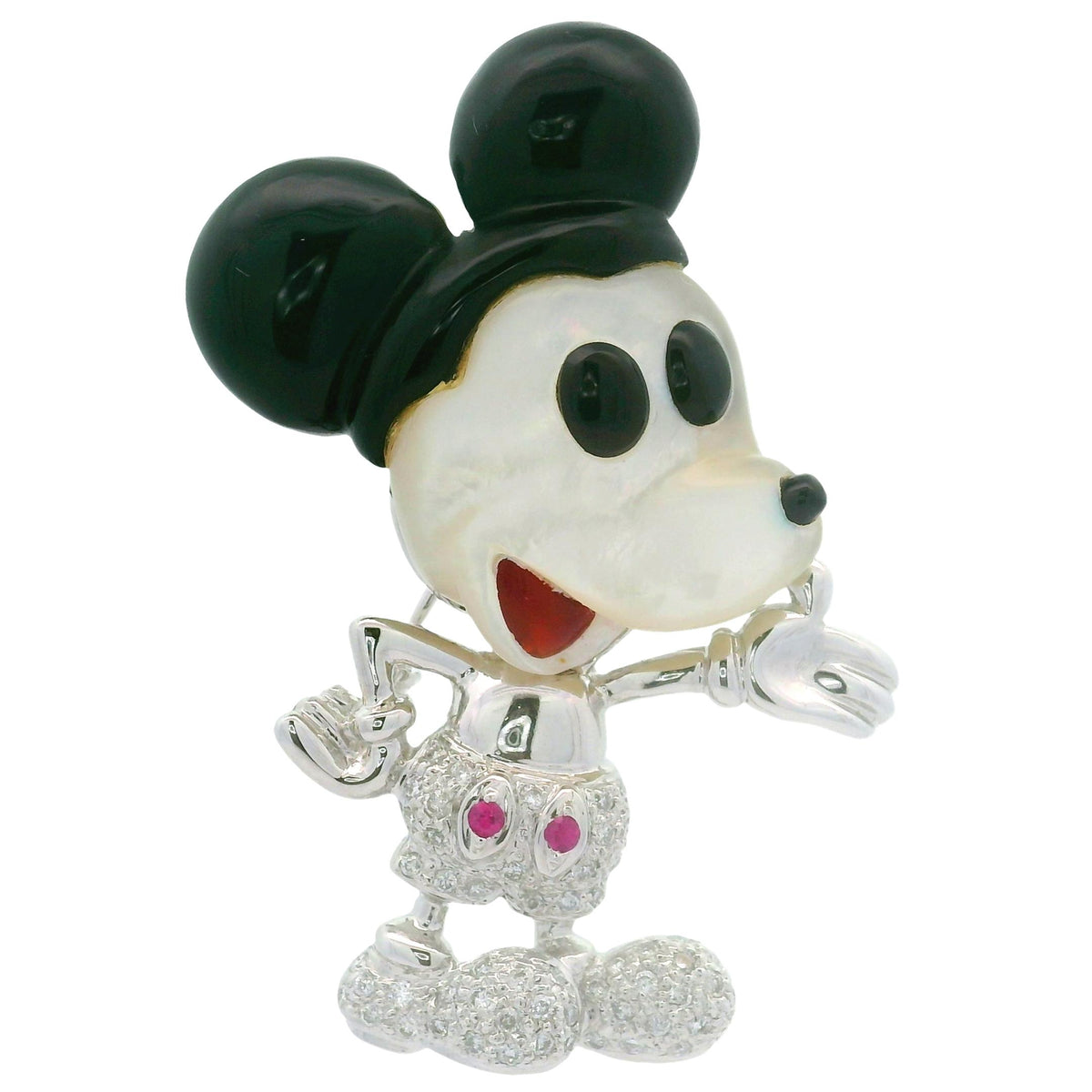 Diamond Black Onyx Mother of Pearls Pink Sapphire 18K White Gold Mouse Brooch