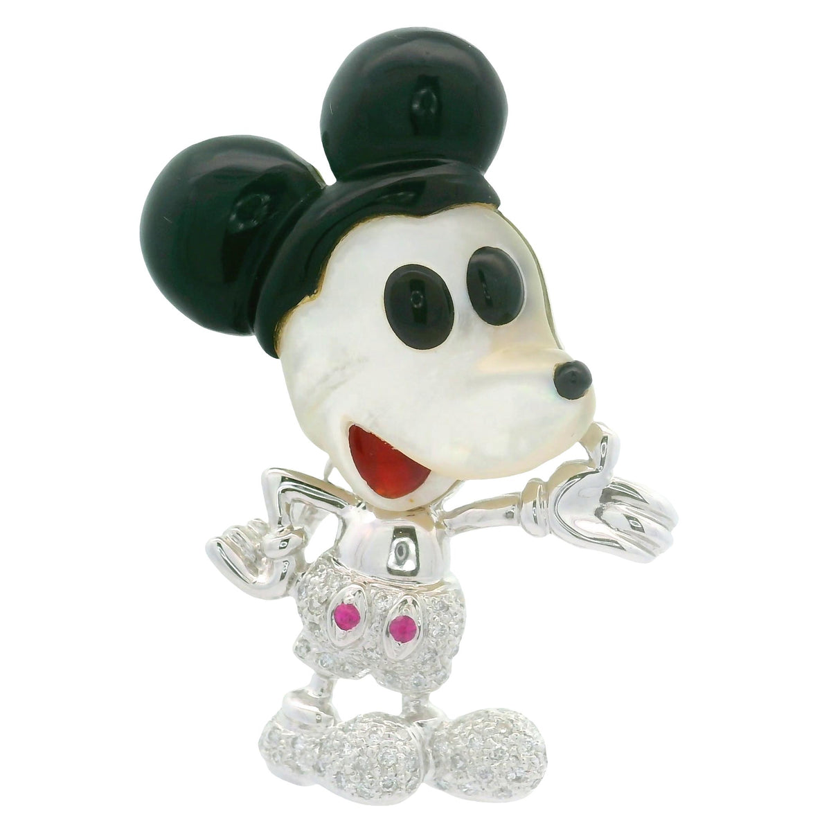 Diamond Black Onyx Mother of Pearls Pink Sapphire 18K White Gold Mouse Brooch