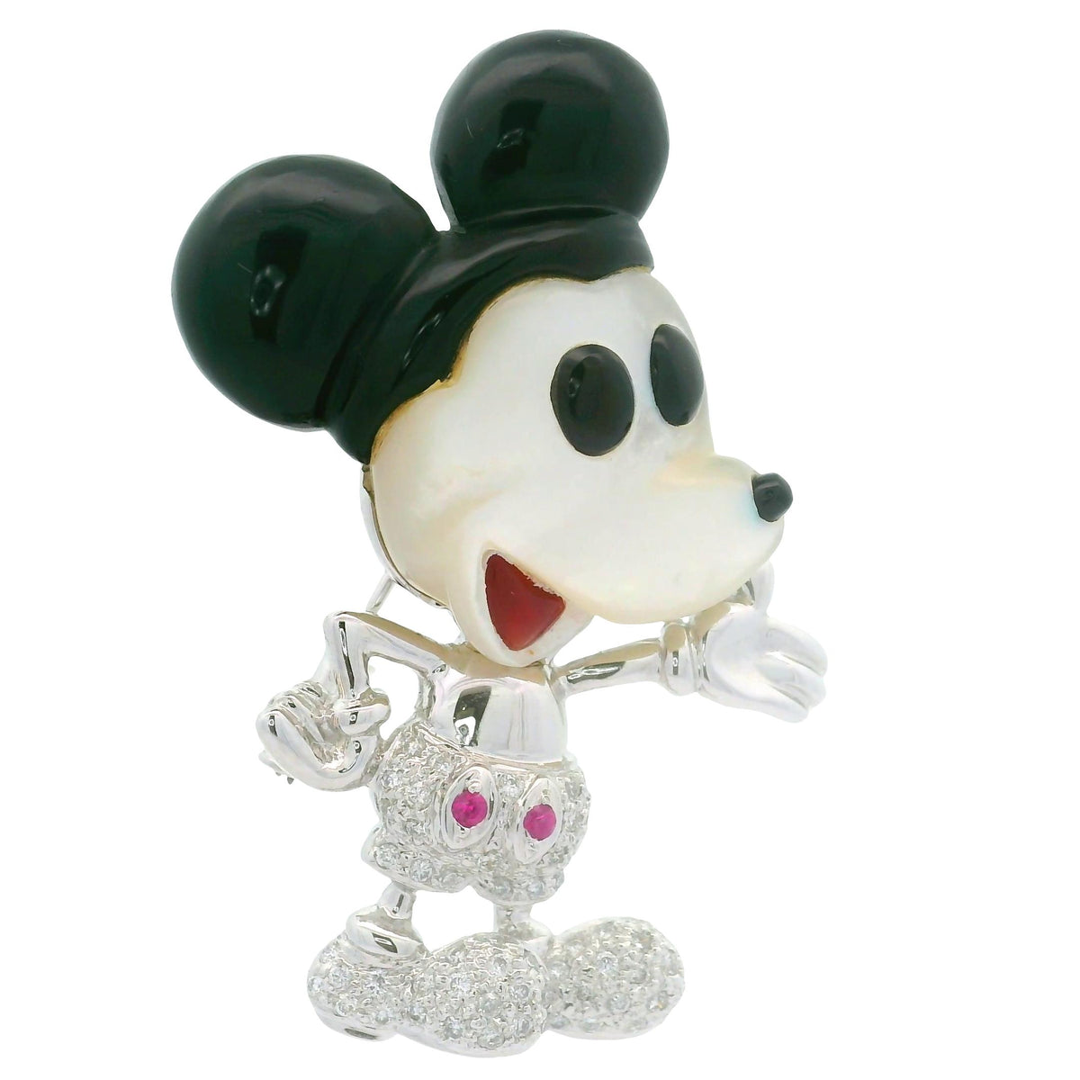 Diamond Black Onyx Mother of Pearls Pink Sapphire 18K White Gold Mouse Brooch