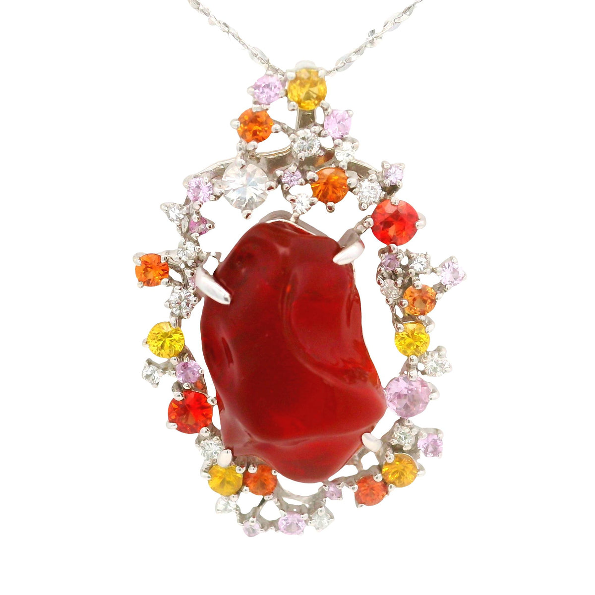 9.54 Carat Mexican Fire Opal Multi-Colored Sapphires 14K Gold Pendant Necklace