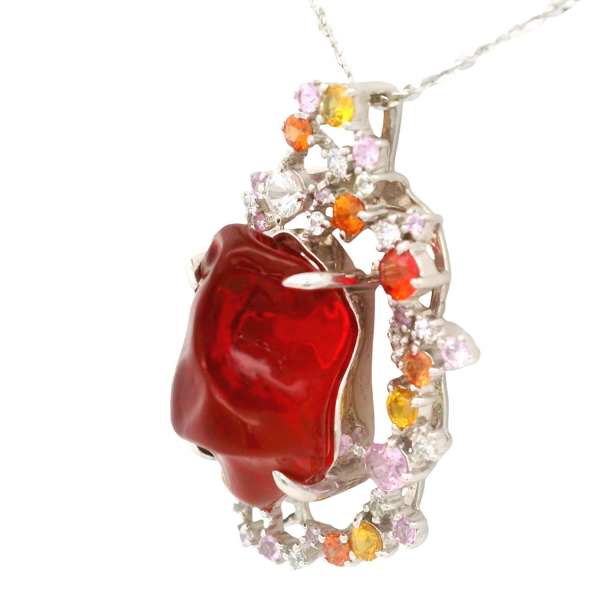 9.54 Carat Mexican Fire Opal Multi-Colored Sapphires 14K Gold Pendant Necklace