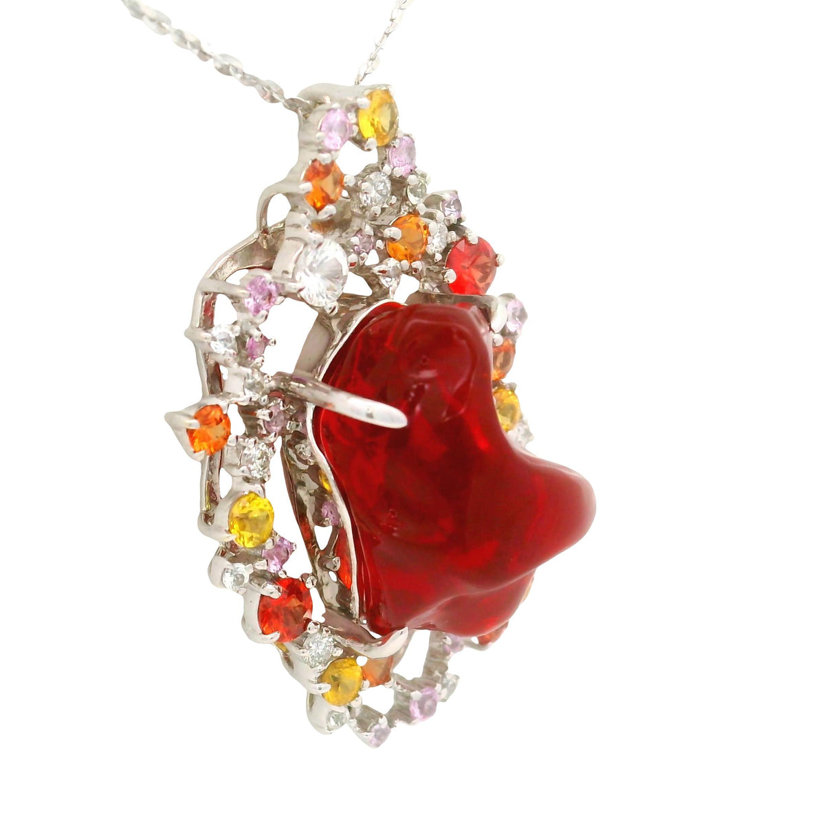 9.54 Carat Mexican Fire Opal Multi-Colored Sapphires 14K Gold Pendant Necklace